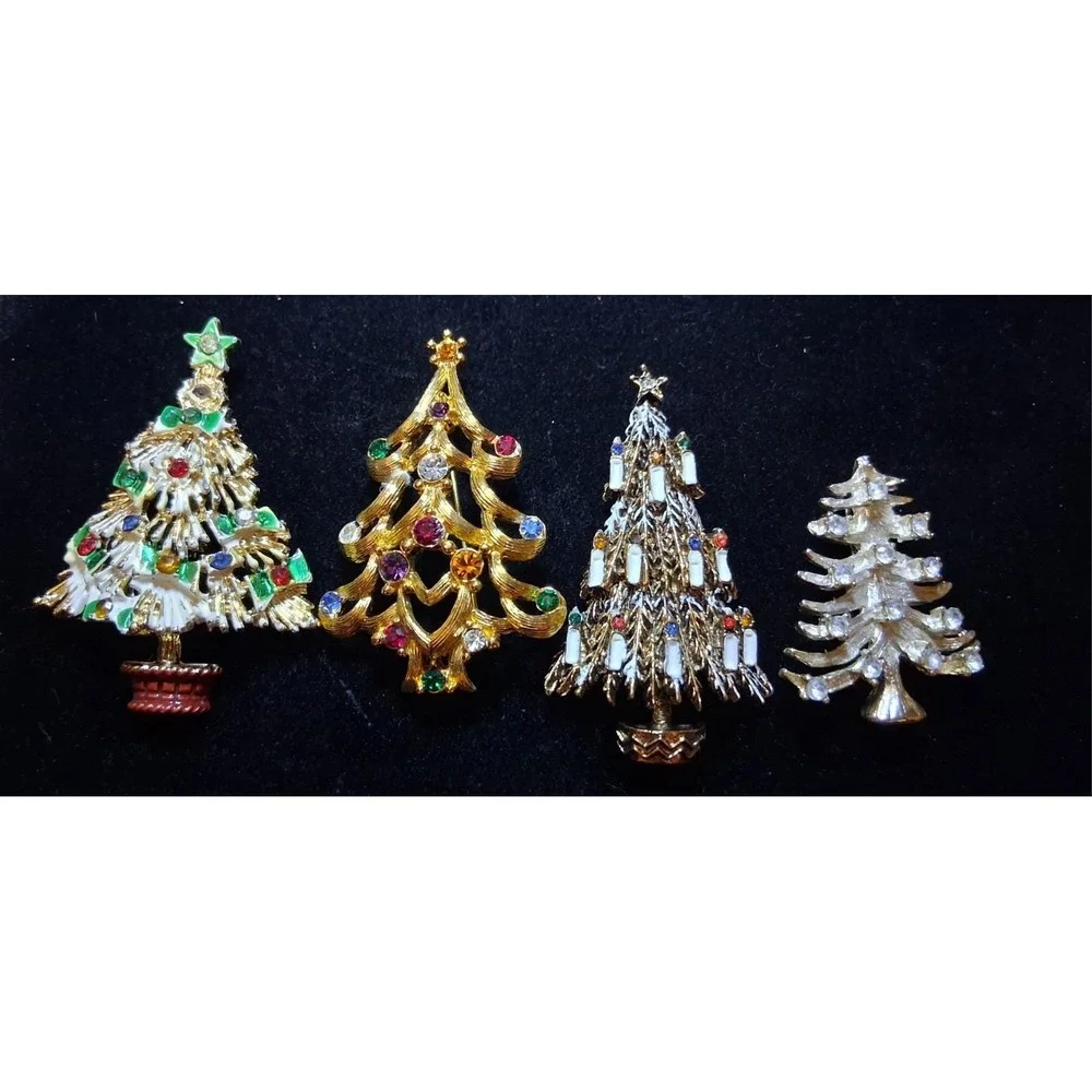 Vintage Lot of 4 Christmas Tree Brooch Pins Gold Tone Enamel Rhinestones Signed